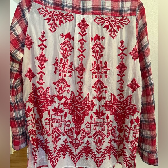 Johnny Was Misha Embroidered Flannel Plaid Shirt red blue S - Picture 6 of 8